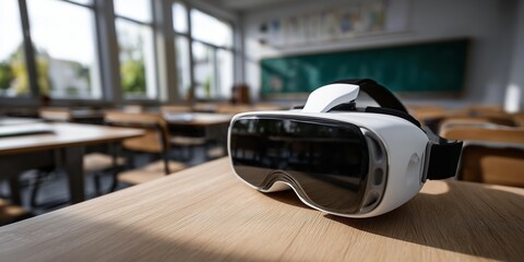 A pair of virtual reality goggles sits on a desk in front of a green chalkboard.