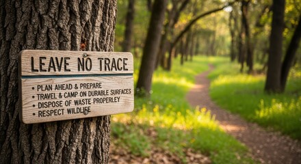 Leave no trace sign on tree in forest, detailing instructions for preserving wild nature. Leave no trace principles are illustrated: plan ahead, travel on durable surfaces, dispose of waste properly,
