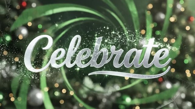 Celebrate lettering in script font with snowflakes and festive lights for New Year and Christmas seasonal greeting.