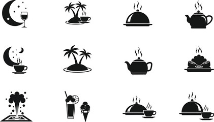 Collection of black silhouette icons featuring food drink and nature