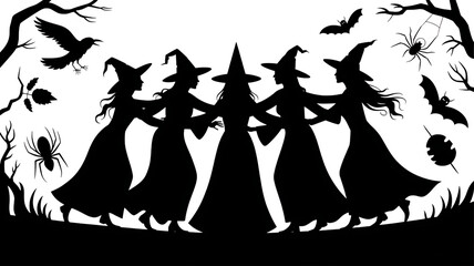 Enchanting Halloween night silhouette with witches, bats and spiders creates spooky whimsical vibe for themed projects and designs that capture the eerie magic of All Hallows' Eve