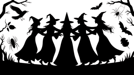 Enchanting Halloween night silhouette with witches, bats and spiders creates spooky whimsical vibe for themed projects and designs that capture the eerie magic of All Hallows' Eve