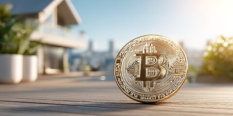 Bitcoin coin on the background of real estate
