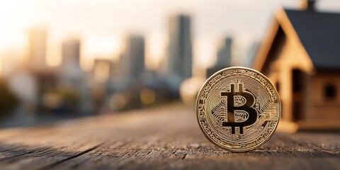Bitcoin coin on the background of real estate