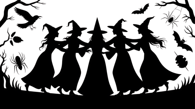 Enchanting Halloween night silhouette with witches, bats and spiders creates spooky whimsical vibe for themed projects and designs that capture the eerie magic of All Hallows' Eve