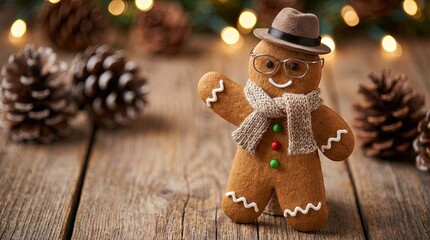 Modern stylish gingerbread man in seasonal, Christmas winter clothing - lifestyle photo