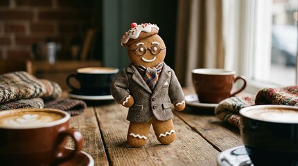 Modern stylish gingerbread man in seasonal, Christmas winter clothing - lifestyle photo