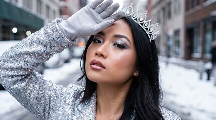 Modern stylish Asian American Jack Frost - female model in seasonal, Christmas winter clothing - lifestyle photo