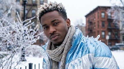 Modern stylish African American Jack Frost - male model in seasonal, Christmas winter clothing - lifestyle photo