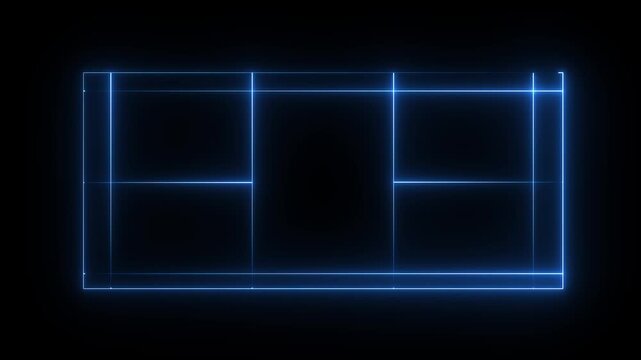 Neon lights match badminton isometric field animation on black background. 4K Video motion graphic animation
