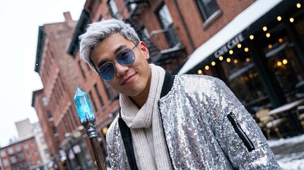 Modern stylish Asian Jack Frost - Korean male model in seasonal, Christmas winter clothing - lifestyle photo
