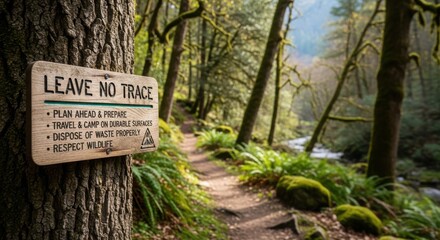 Leave no trace sign in forest next to a hiking path encourages responsible travel, aiming to minimize environmental impact. Emphasizing leave no trace principles with focus on planning,