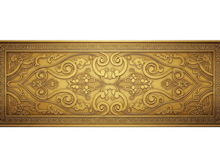Ornate golden baroque panel with intricate symmetrical scrollwork and meander border, isolated on transparent background