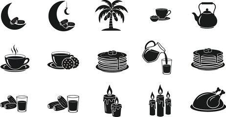 Collection of black and white food and drink icon sketches