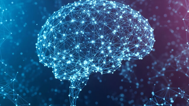 Abstract glowing neural network brain illustration with interconnected nodes and lines on a dark background