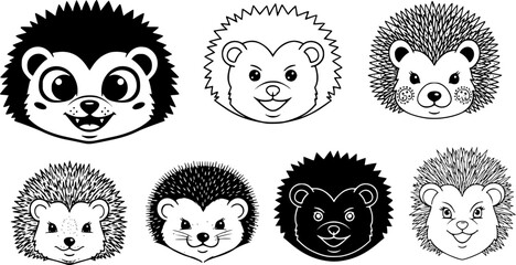 Cute hedgehog faces in various artistic styles: playful and creative designs