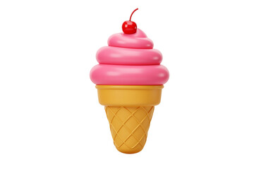 Fun 3D rendering of pink ice cream cone with cherry topping isolated