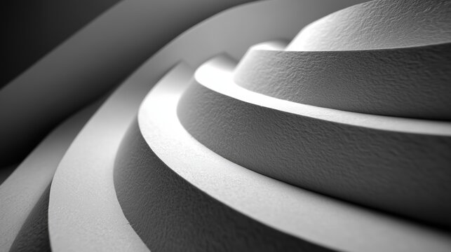Monochrome abstract architectural spiral with smooth curves and dramatic lighting for modern wallpapers.