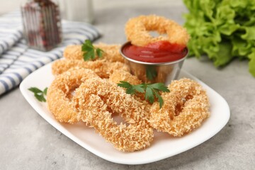 Deep fried squid rings with parsley and ketchup on grey textured table, closeup