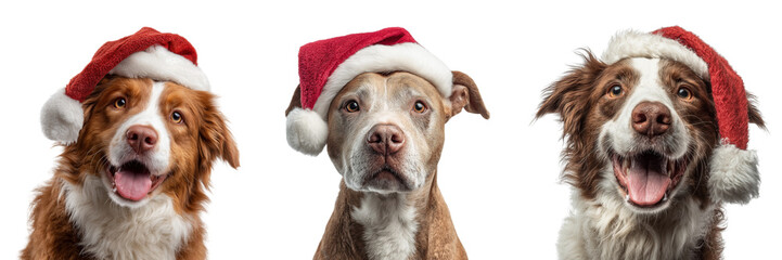 Three dogs wearing Santa hats isolated on a transparent background 1