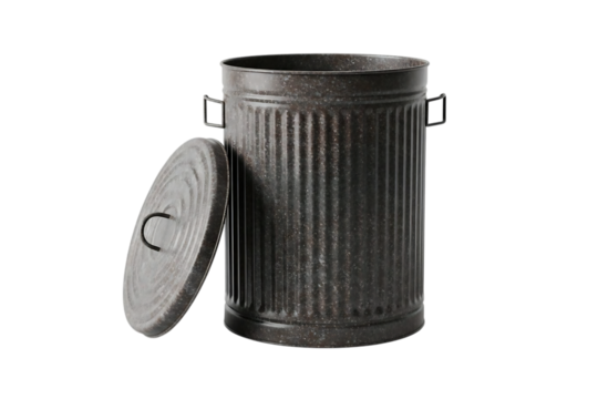 Open metal garbage can with lid isolated on a dark background - Powered by Adobe