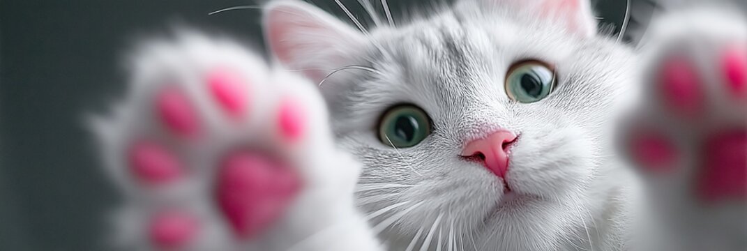 Close up of cute white cat reaching out with pink paw pads.

 - Powered by Adobe