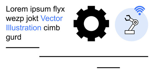 Industrial automation, robotics, wireless connectivity, smart manufacturing, gear mechanisms, technology integration. Gear icon next to robotic arm with a wireless signal. Industrial automation