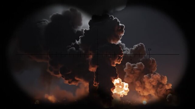 Dramatic explosion seen through a sniper scope creates high-tension, action-packed scene with fire and smoke in the night sky