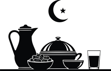 Ramadan iftar meal silhouette with crescent moon and star