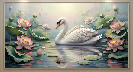Elegant 3D Swan in Lotus Garden Pool, Wall Decor, 3D Relief Mural, 3D Floral Wallpaper, 3D Wall Mural, 3D Floral Background, 3D Floral Art.