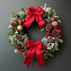 Bright christmas wreath with poinsettias, stars, and bokeh