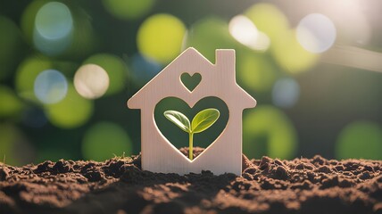 Wooden house silhouette with a vibrant green seedling growing inside a heart shape cutout
