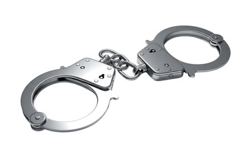 Silver handcuffs with chain against a black background symbolize law enforcement