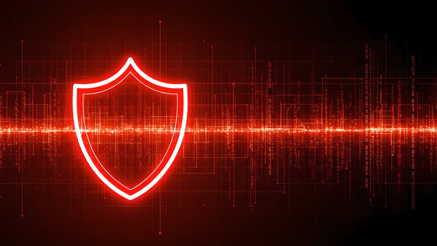 Glowing red shield symbol represents digital security and cyber protection against data threats