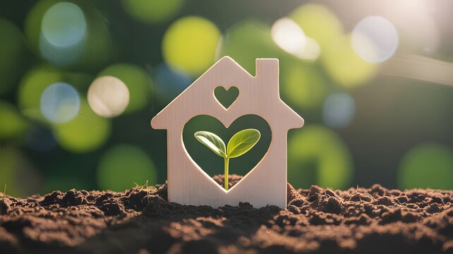 Wooden house silhouette with a vibrant green seedling growing inside a heart shape cutout