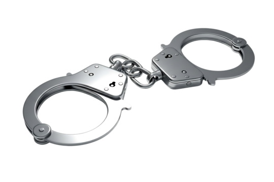 Silver handcuffs with chain against a black background symbolize law enforcement