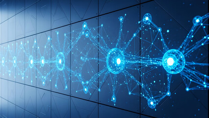 Abstract glowing blue neural network connections on a dark grid background