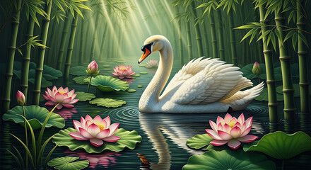 Elegant 3D Swan in Lotus Garden Pool, Wall Decor, 3D Relief Mural, 3D Floral Wallpaper, 3D Wall Mural, 3D Floral Background, 3D Floral Art.