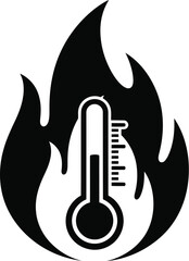 Rising temperatures a thermometer engulfed in black flames representing global warming