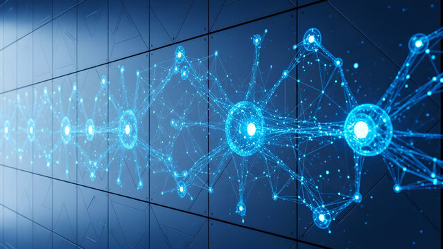 Abstract glowing blue neural network connections on a dark grid background