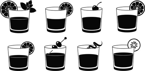 Black and white illustration of various cocktails in glasses with garnishes