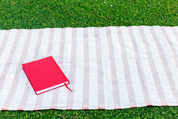 Red journal resting on a striped blanket on green grass in a sunny outdoor setting