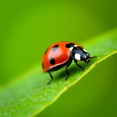 Fototapeta premium Ladybug resting on a green leaf in a close-up nature view