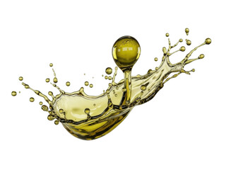 Golden olive oil splash with a perfect drop forming a sphere above the wave, isolated on transparent background