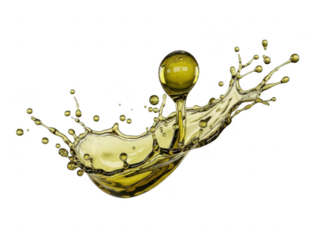 Golden olive oil splash with a perfect drop forming a sphere above the wave, isolated on transparent background