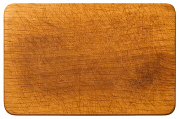 Naklejka premium Used wooden chopping board with textured surface and knife cut marks, isolated with transparent background