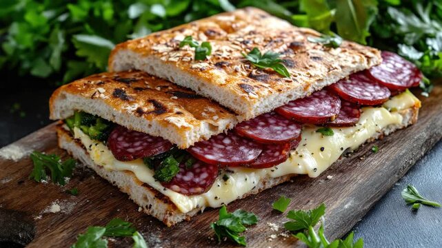 Delicious Sandwich on Cutting Board with Garnish