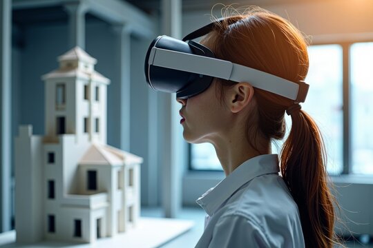 An Asian woman architect or engineer engrossed in a 3D architectural precast concrete building model, captured artistically wearing a VR headset