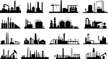 Industrial factory silhouette set, manufacturing plant icons, refinery industry illustration, energy production structures vector