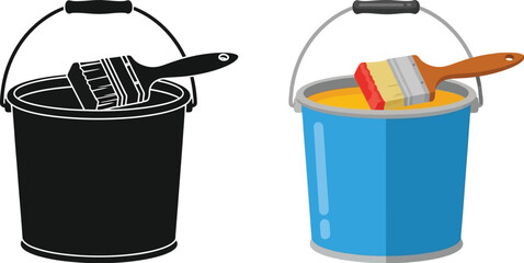 Two paint buckets with brushes one in color and one in monochrome © Nasima